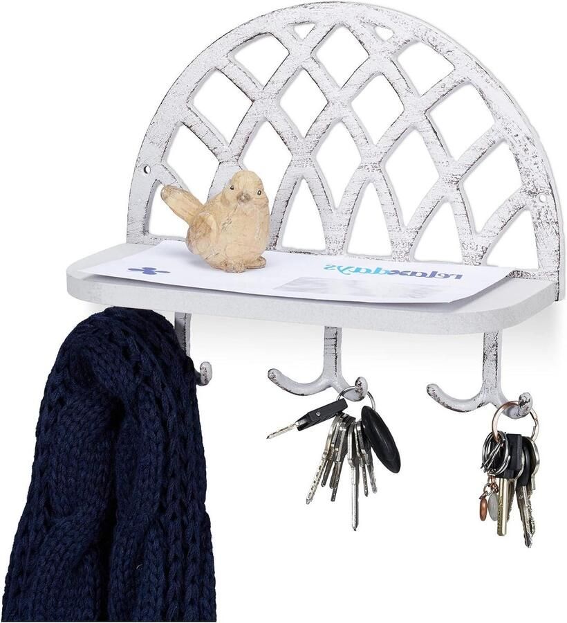 Vintage sleutelrekje plankje & haken gietijzer hout wandkapstok HBD: 23x27x12 cm wit