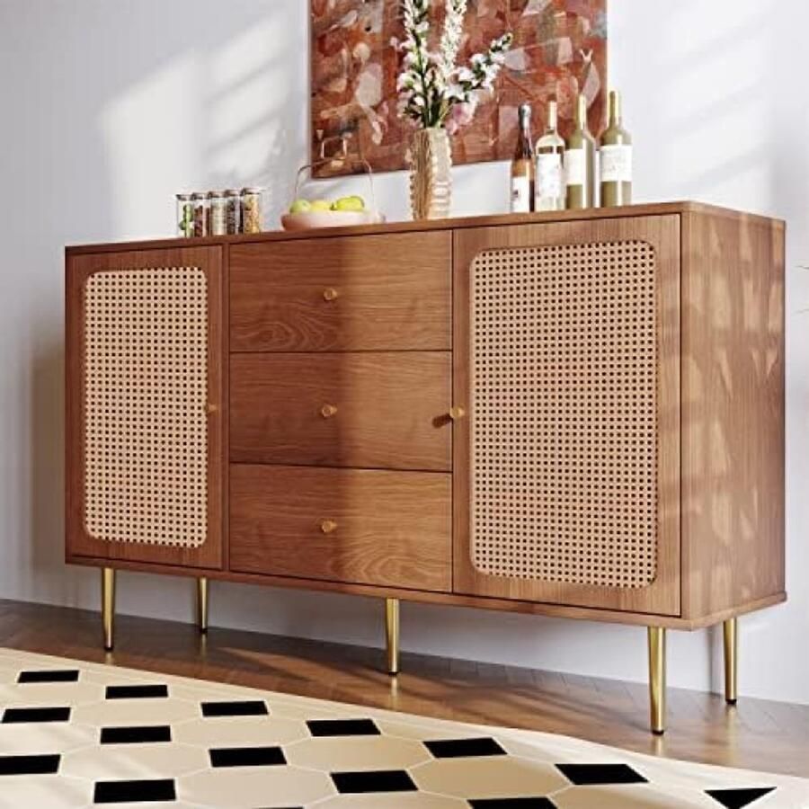 Vintage stijl commode met 2 deuren en 3 laden rotan deurcommodes met verstelbare plank multifunctionele houten ladekast voor hal slaapkamer woonkamer en badkamer