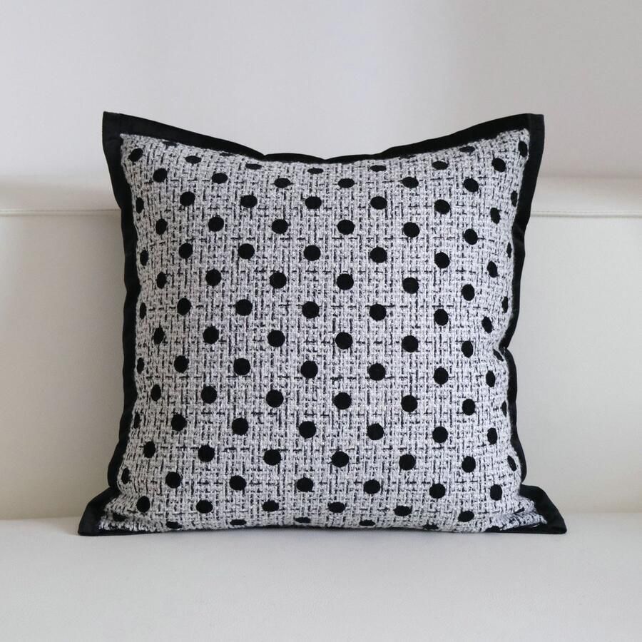 Vintage Stijl Licht Luxe Kussen 1 Pak Zwarte 3D Bloemen Taille Kussen Zwarte Rand Polka Dot Sofa Kussen Decoratief Warm Kussen Geschikt voor Slaapkamer Bank en Auto 50x50cm Grijs zwarte rand met stippen
