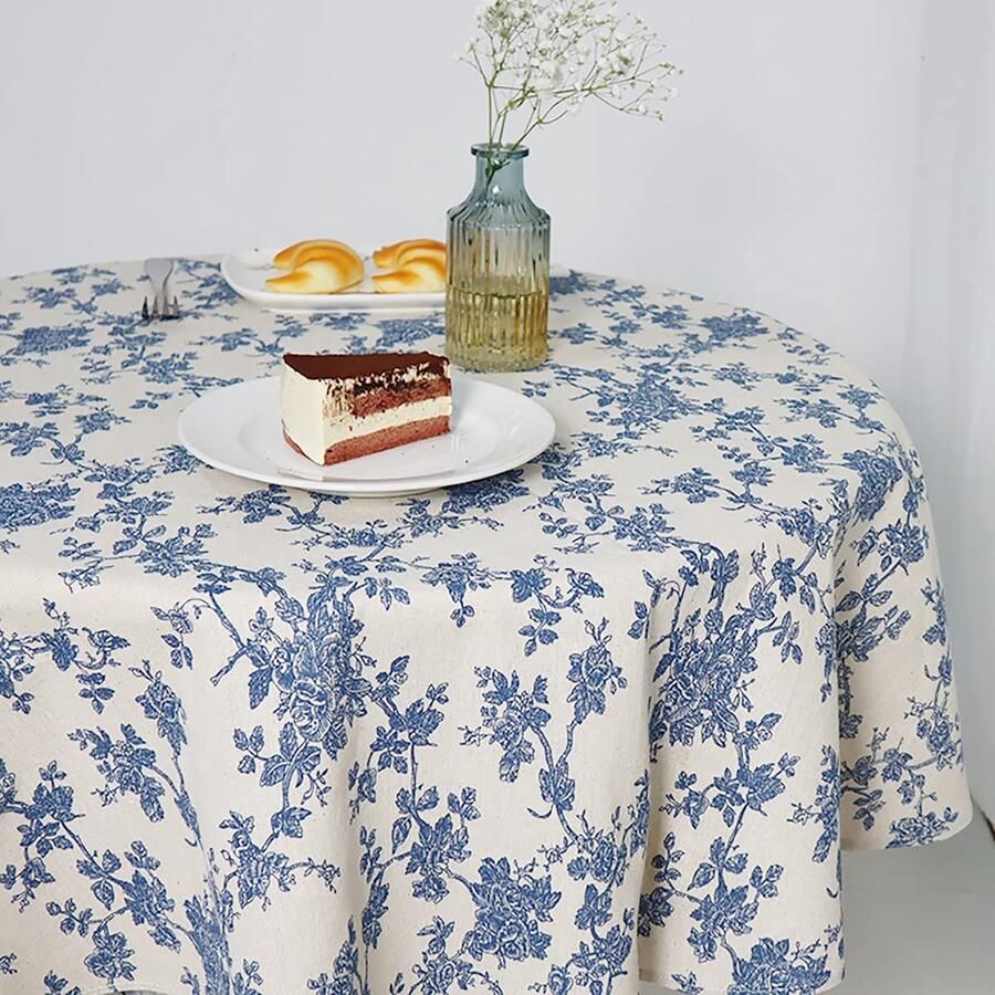 Vintage tafelkleed 100% katoen blauw en crème elegant design