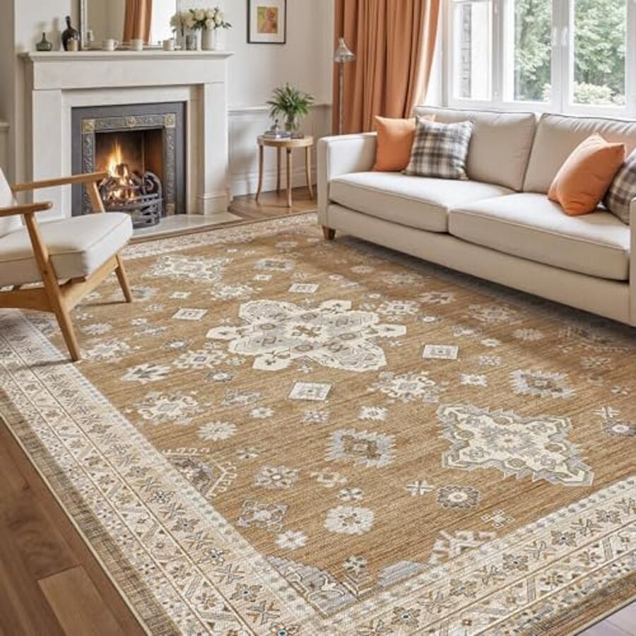 Vintage Tapijt 122 x 183 cm – Lichtbruin Anti-slip Vloerkleed voor Woonkamer Slaapkamer en Eetkamer