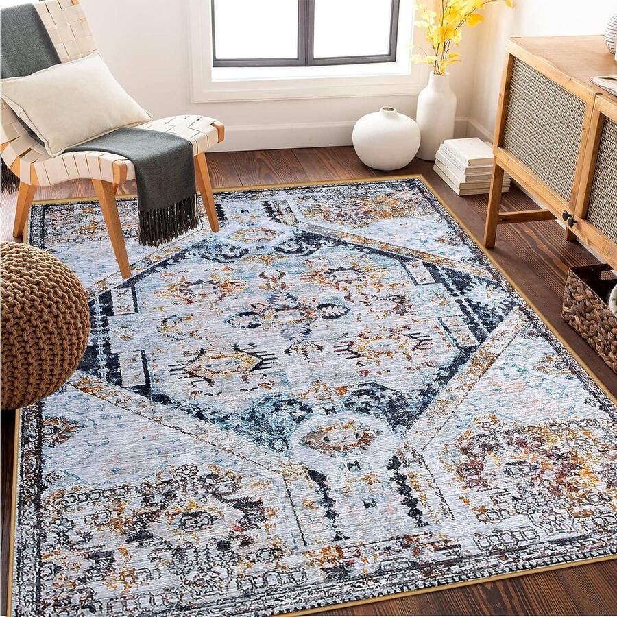 Vintage Tapijt Antislip Laagpolig Tapijt voor in de Woonkamer Slaapkamer Retro Beige 120 x 160 cm vloerkleed