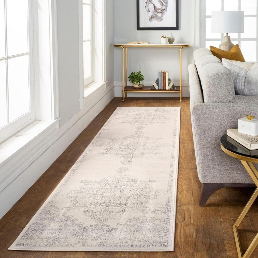 Vintage tapijt Roma hal woonkamer eetkamer slaapkamer keuken entree bohemien chic traditioneel oosters design laagpolig tapijt 80 x 150 cm gebroken wit grijs