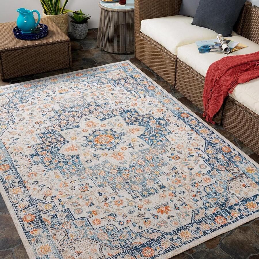Vintage tapijt voor binnen en buiten duurzaam vloerkleed woonkamer keuken tuin terras shabby chic natuurlijk tapijt UV-weerbestendig vlekbestendig grijs Assa Large 120 x 170 blauw vloerkleed