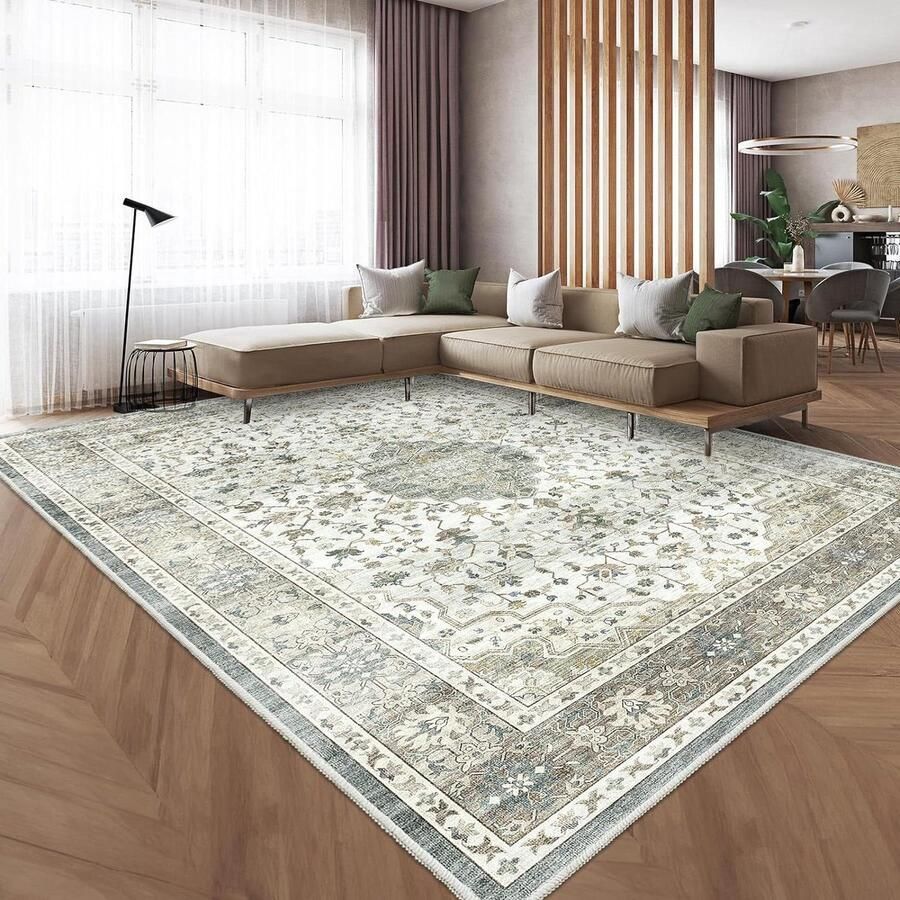 Vintage Tapijt wasbaar en antislip 1 stuk beige groen 160 x 230 cm