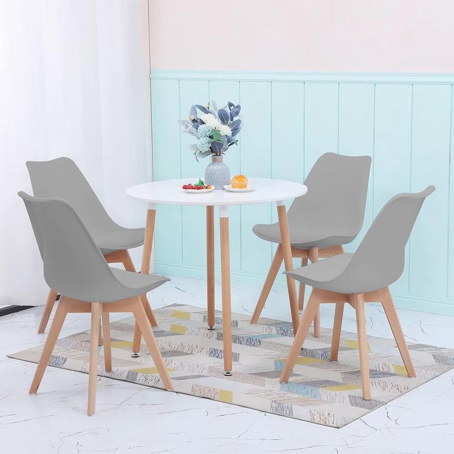 Set van ronde eetkamertafel met 4 grijze stoelen 5-delige eetgroep voor woonkamer keuken en eetkamer