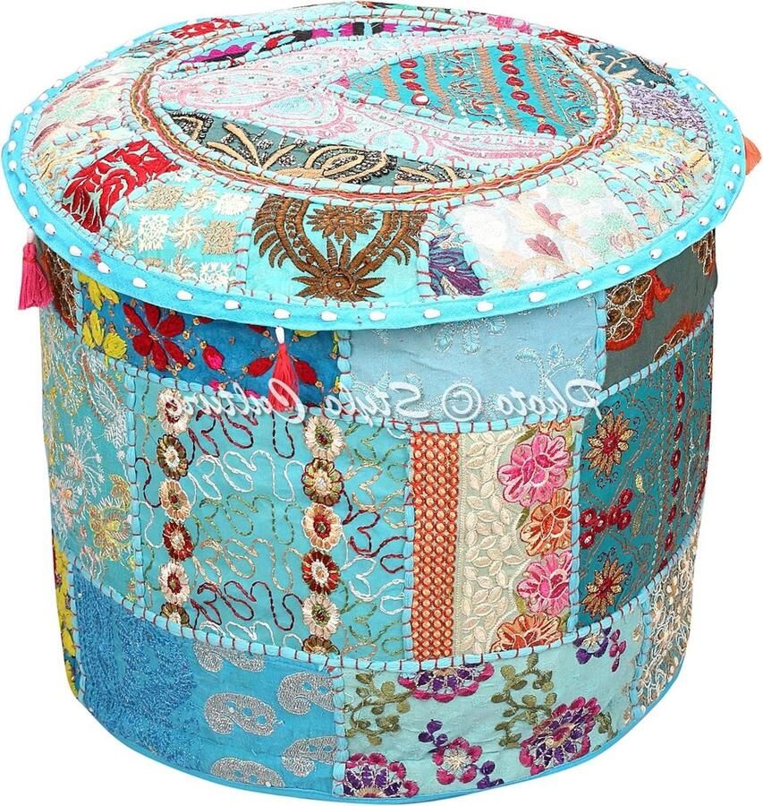 Vintage Turquoise Indiase Geborduurde Patchwork Ottomaanse Poef Cover Traditioneel Katoen Ronde Ottomaanse Poef Voetenbank (18x18x13 Inch)
