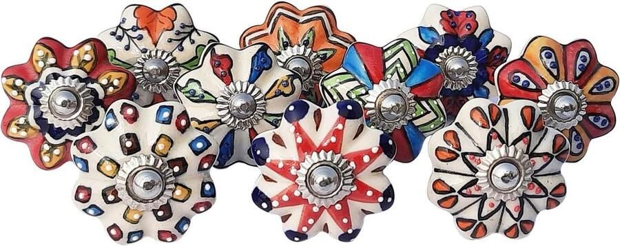 Vintage veelkleurige handgeschilderde keramische trekknoppen set van 20 knoppen