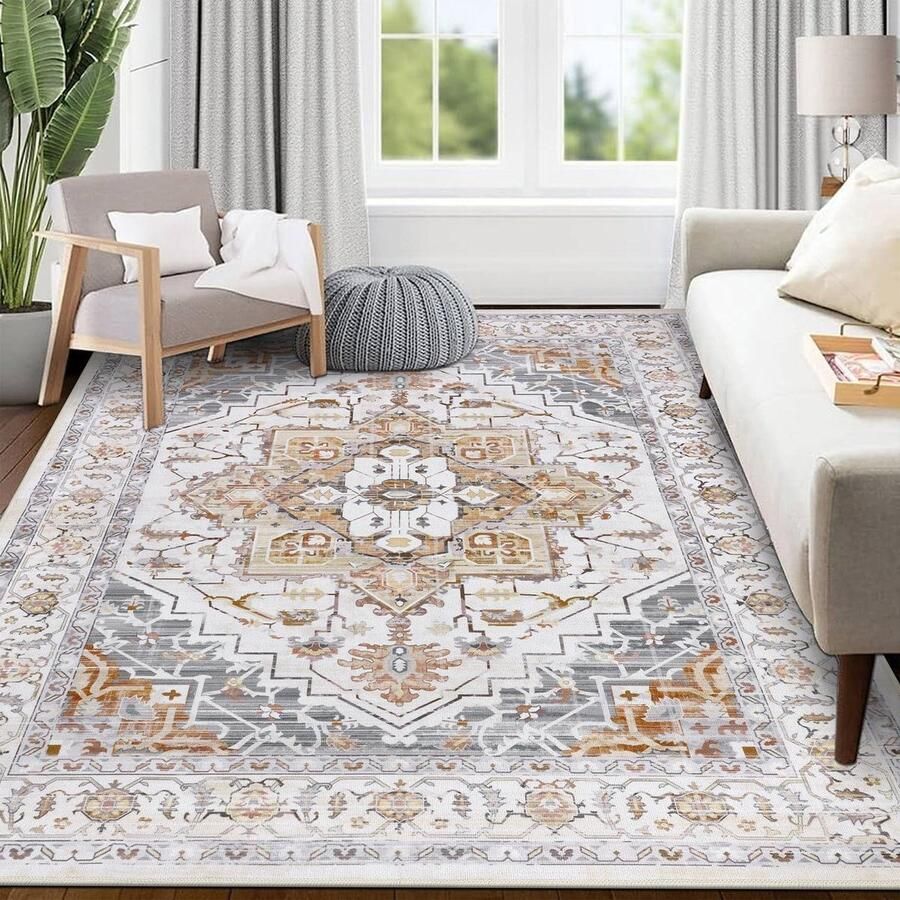 Vintage vloerkleed 160 x 230 cm Traditionele print Wasbaar Ultradun Antislip Boho Verontrust Tapijt voor woonkamer slaapkamer eetkamer Oranje