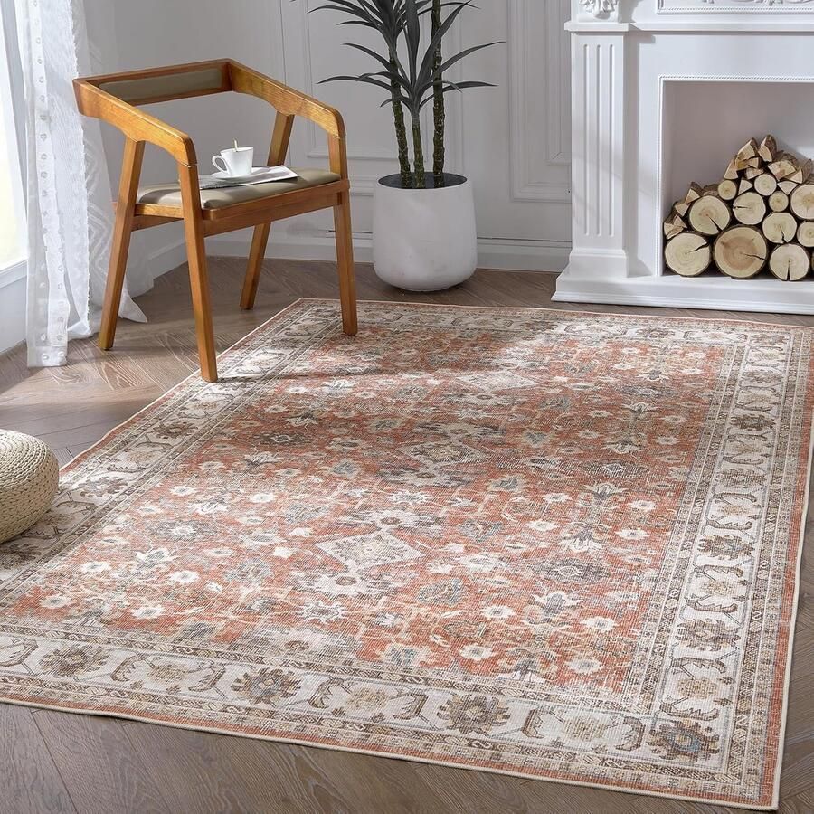 Vintage Vloerkleed Antislip en Wasbaar 150 x 210 cm Baksteenrood