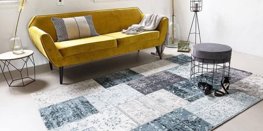 Vintage Vloerkleed Donkergrijs en Blauw Tapijt Geruit Vloerkleed Patchwork Vloerkleed voor Woonkamer Slaapkamer 80 x 150 cm