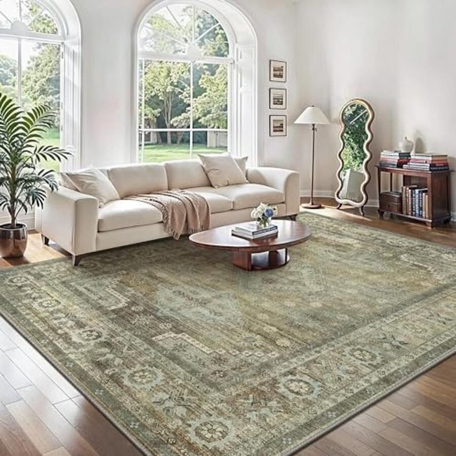 Vintage Vloerkleed met Antislip Onderkant Wasbaar Tapijt voor Woonkamer Slaapkamer en Keuken 160x230CM Saliegroen