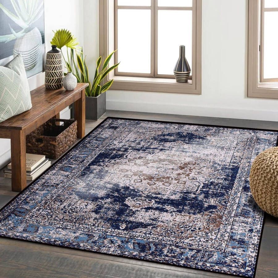 Vintage vloerkleed moderne platte stapel zachte lichte tapijten voor slaapkamer woonkamer eetkamer keuken hal loper tapijten antislip traditionele tapijten (retro-marineblauw 120* 160)