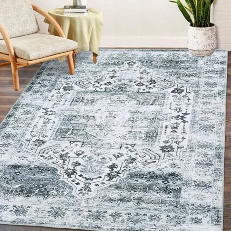 Vintage vloerkleed voor slaapkamer en woonkamer machinewasbaar antislip grijs 120 x 170 cm