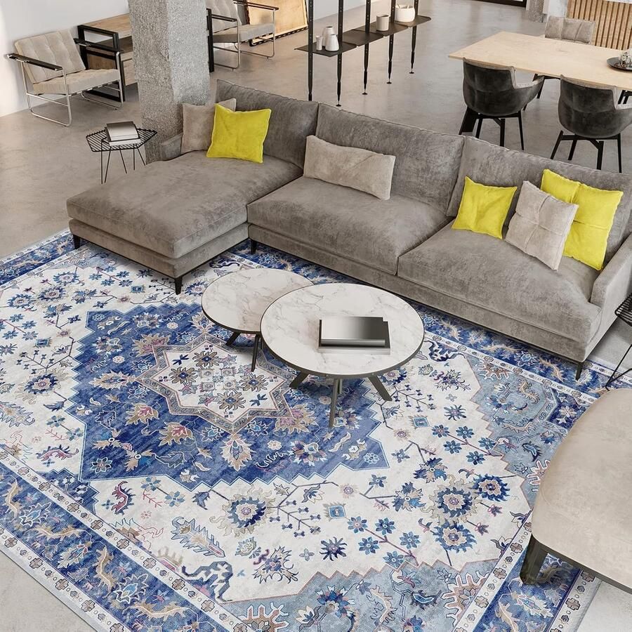 Vintage Vloerkleed Zacht en Antislip 160 x 230 cm Blauw Kunstwol