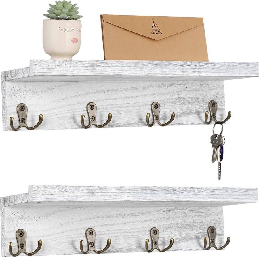 Vintage Wall Coat Rack Set of 2 Coat Rack with 4 Double Hooks Shelf Rustic Wall Shelf Wood for Wall Door Coat Hooks in Living Room Kitchen White
