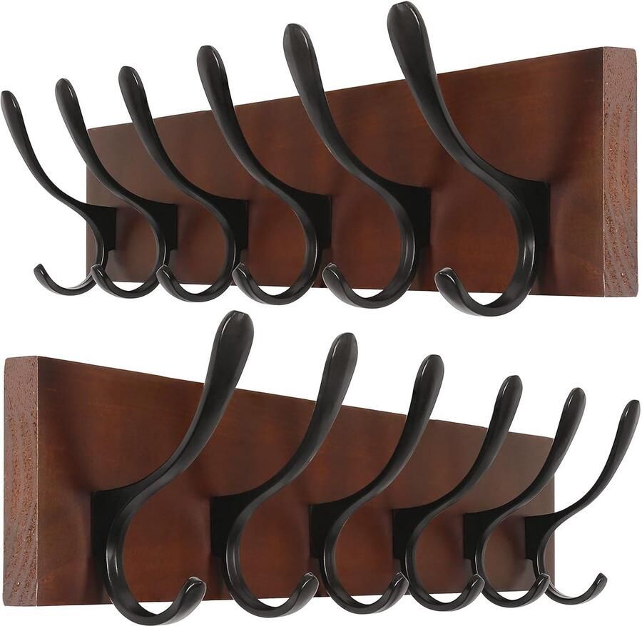Vintage wandkapstok 6 haken houtbruin massief hout