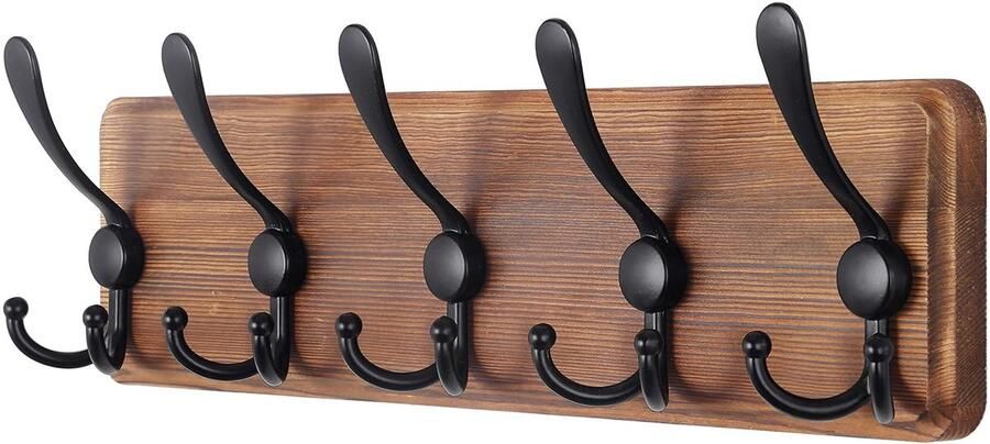 Kapstok Wandmontage Houten Heavy Duty Rustieke Kapstokhaken 40 cm met 5 drievoudige haken (bruin)