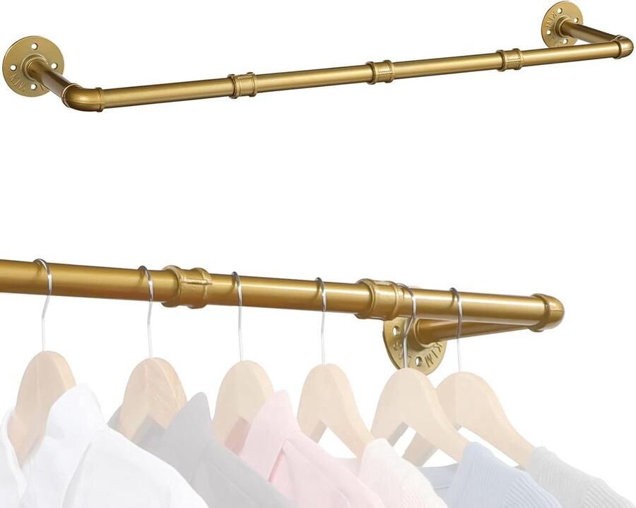 Vintage wandmontage kledingstang industriële stijl 90 cm goud - Foto 2