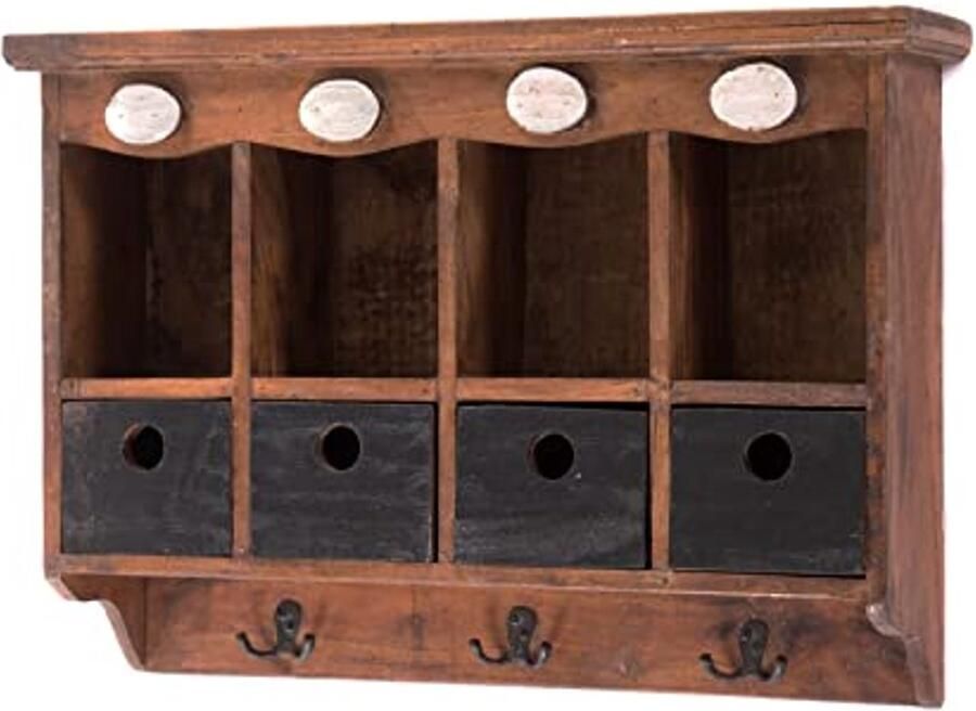 Vintage Wandplank met Lades en Haken 60 cm Mahonie Hout Ondersteuning tot 4.9 kg