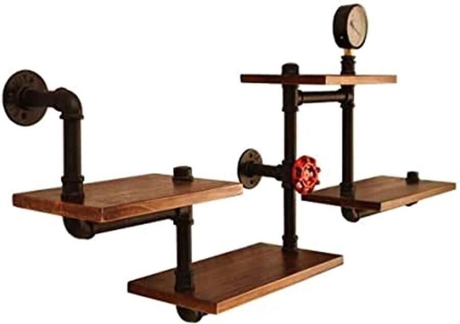 Vintage Wandrek Industrieel Muurrek 2 Stuks Zwart Metaal en Hout