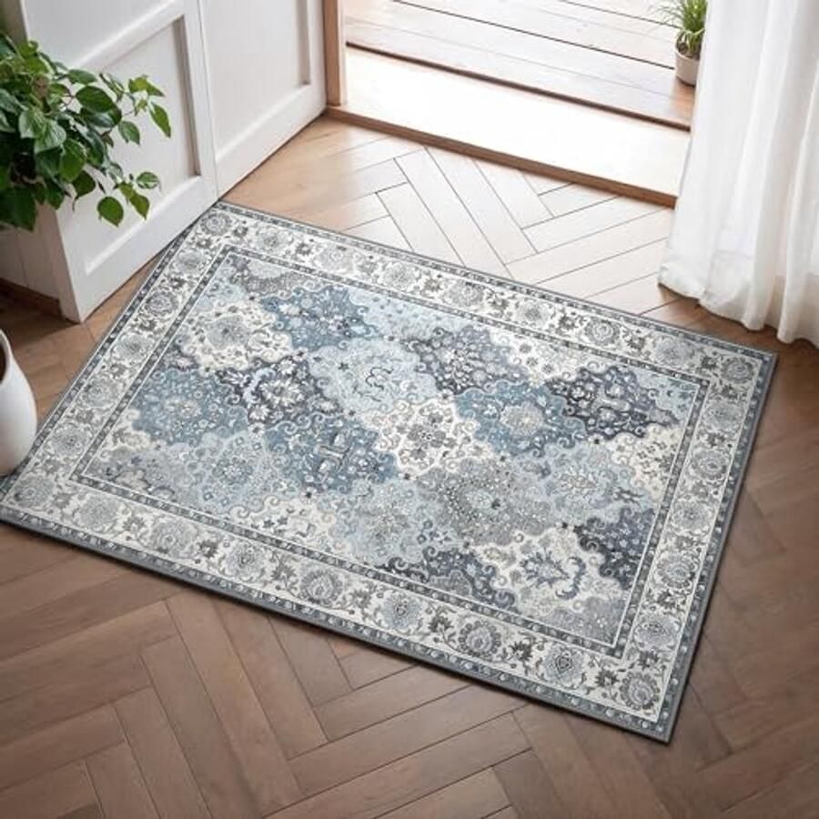 Vintage Wasbaar Antislip Vloerkleed 60x90cm voor Woonkamer Slaapkamer Keuken Eetkamer Kantoor Navy Blauw