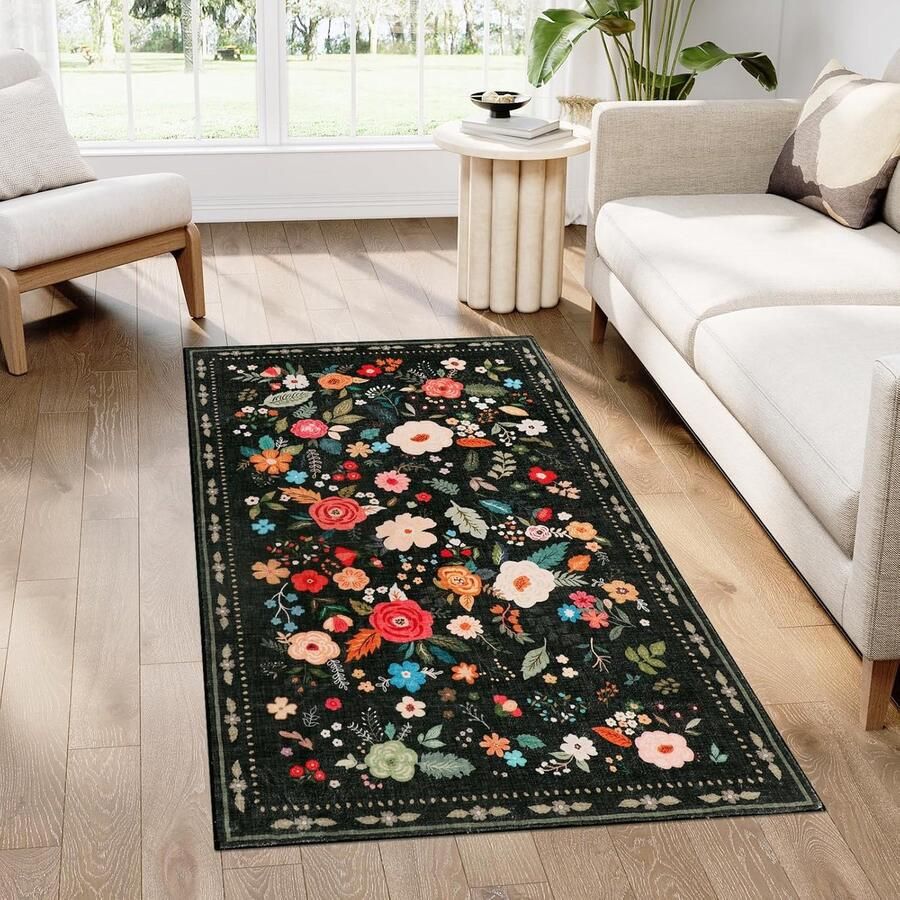 Vintage Wasbaar Tapijt Slaapkamer Entree Keuken 80 x 150 cm Zwart Bloemen Zachte Imitatiewol