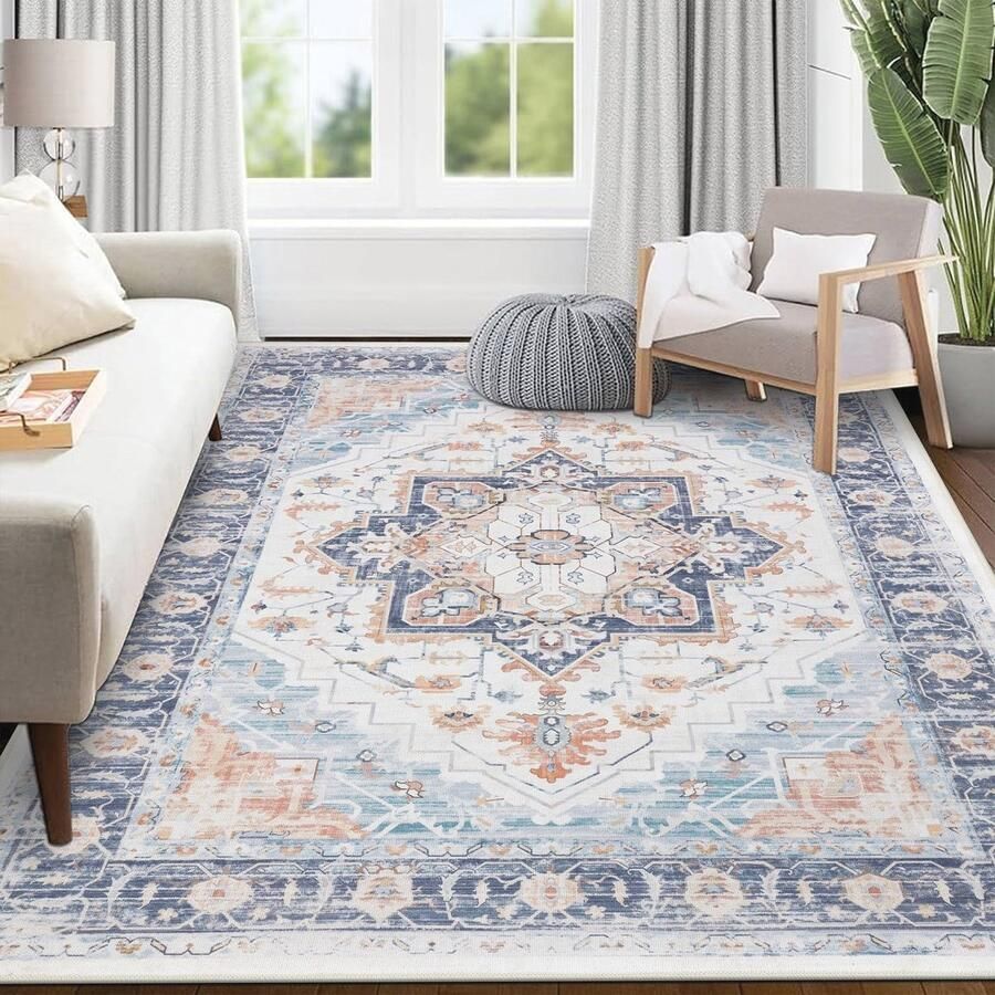 Vintage wasbaar vloerkleed 160x230 cm blauw antislip traditioneel boho tapijt