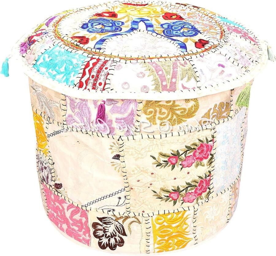 Vintage Wit Indiase Geborduurde Patchwork Ottomaanse Poefje Voetenbank Cover Katoenen Traditionele Ronde Stof Poef Cover (18x18x13 Inch)