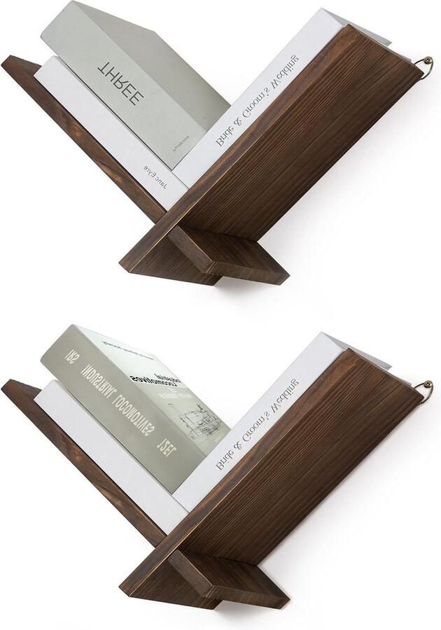 Boekenkast hout zwevend boekenrek vintage klein V-vorm wandrek voor boek werkkamer slaapkamer woonkamer decoratie set van 2