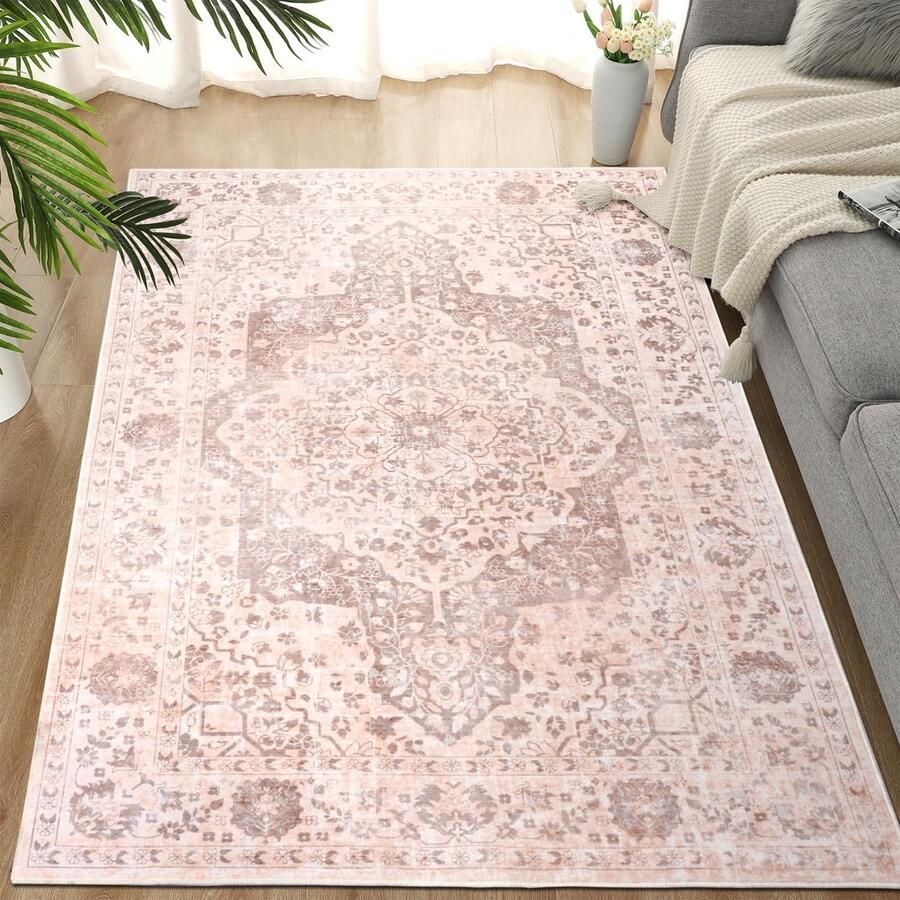 Vintage Woonkamer Tapijt 120x180cm Roze Wasbaar Boho Stijl