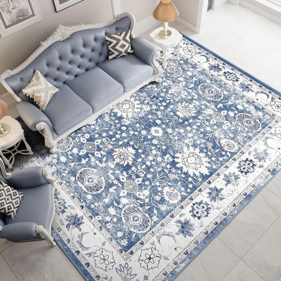 Vintage woonkamertapijt machinewasbaar vloerkleed groot 200 x 300 cm blauw kunstwol