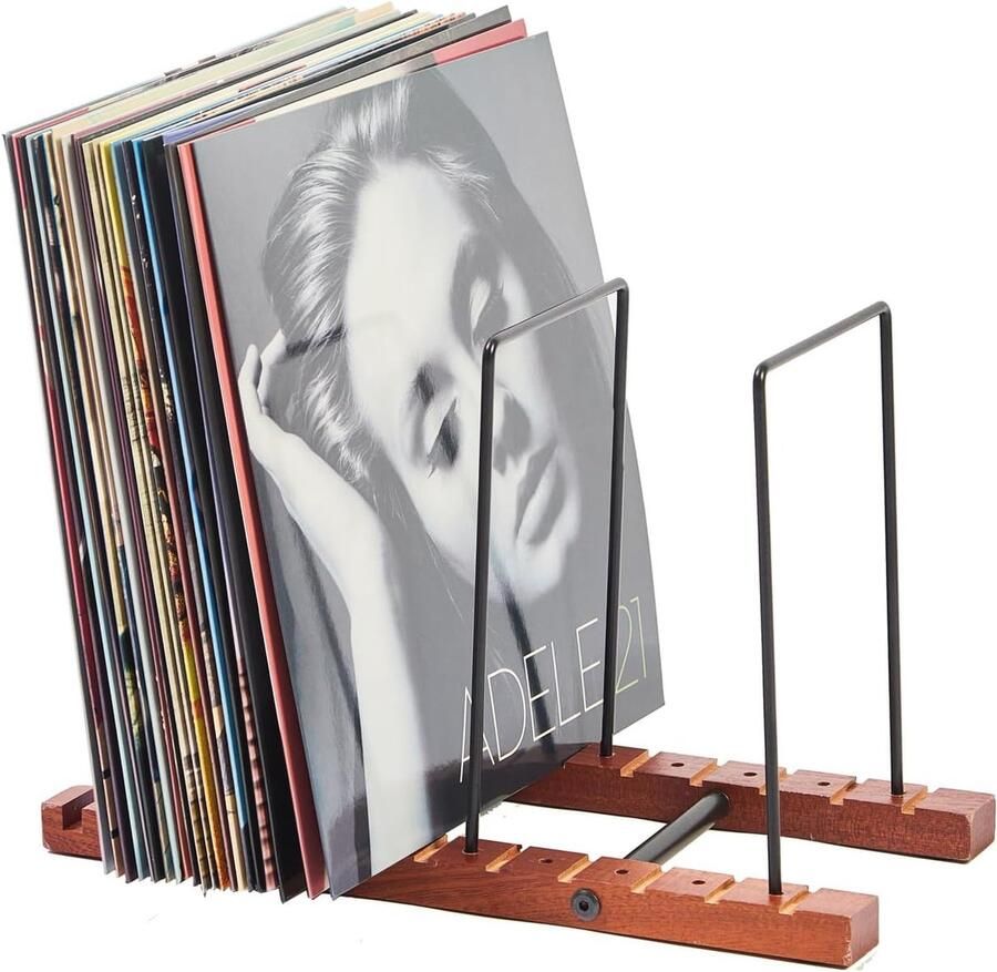Vinyl Record Houder voor 50 Album Houten Plank en Stalen Design voor Modern Interieur