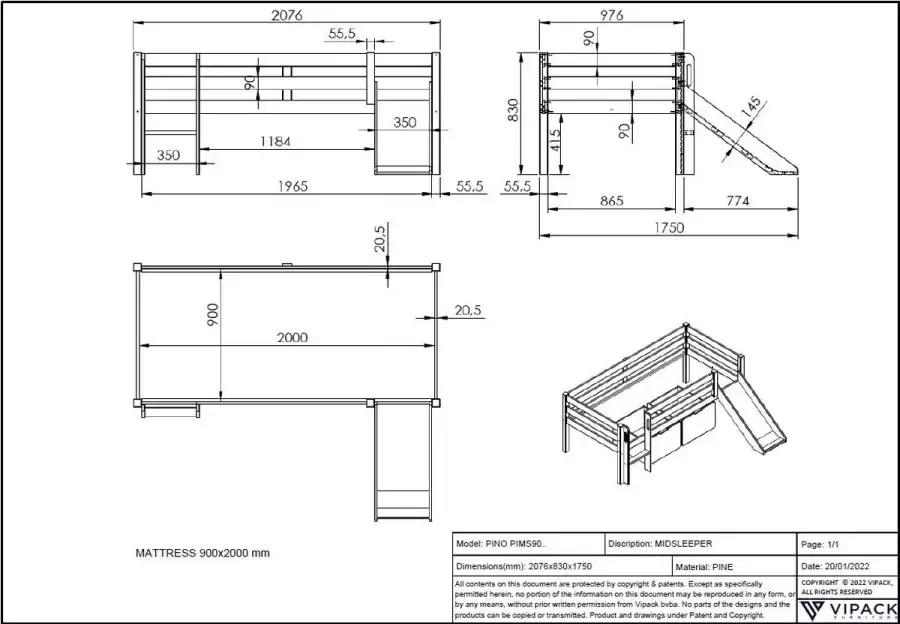 Vipack Halfhoogslaper met glijbaan Pip 90 x 200 met 2 opberglades en legplankje dennenhout 90x200 Grijs - Foto 3