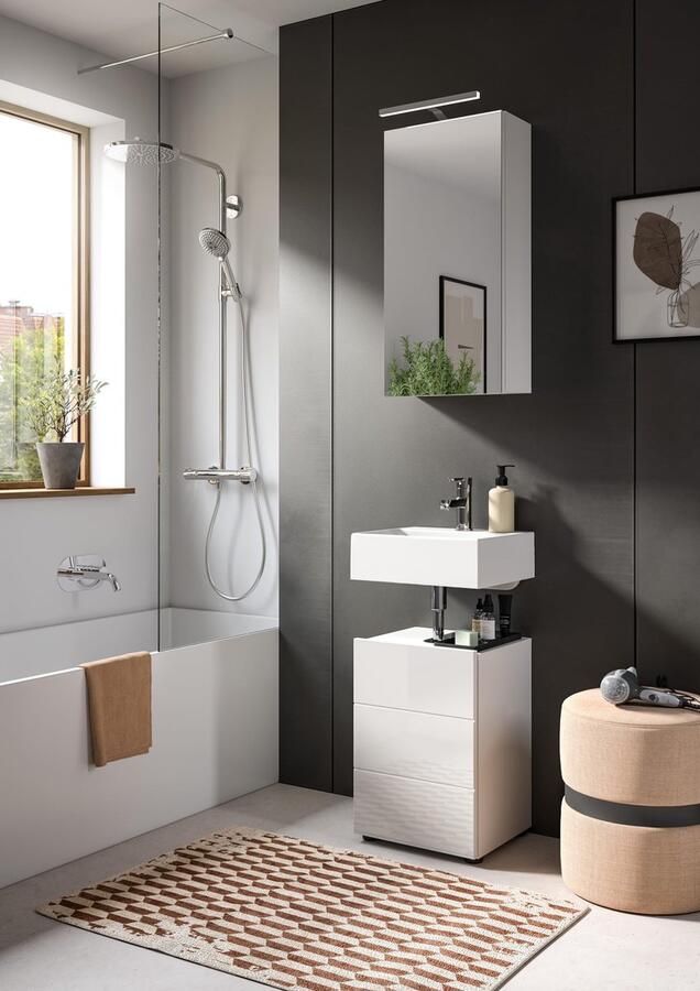 Rootz Living Rootz Vira Badkamermeubelset Wit Hoogglans Smalle Wastafel Onderkast Smalle Spiegelkast Duurzaam 38cm x 190cm x 34cm