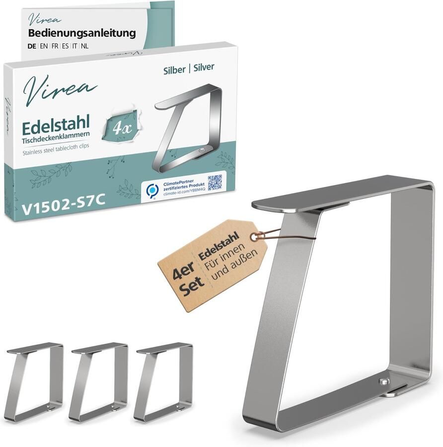 Virea 4 x tafelkleedclips 7 cm zilver Tafelkleedclips van RVS voor binnen en buiten Gemakkelijk afwasbare tafelkleedclips Afgeronde randen Klemmen voor vele soorten tafels