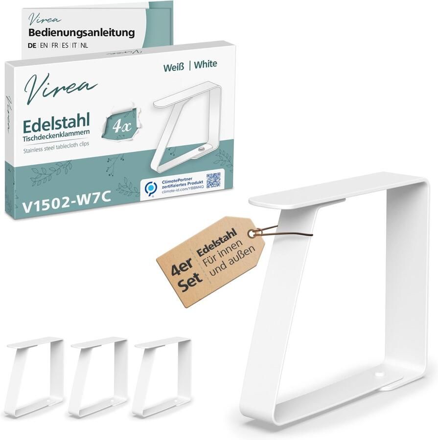 Virea 4 x tafelkleedklemmen wit voor tafelbladdikte 5 cm Tafelkleedklemmen van roestvrij staal voor binnen- en buitengebruik Gemakkelijk te reinigen tafelkleedklemmen Klemmen met afgeronde randen