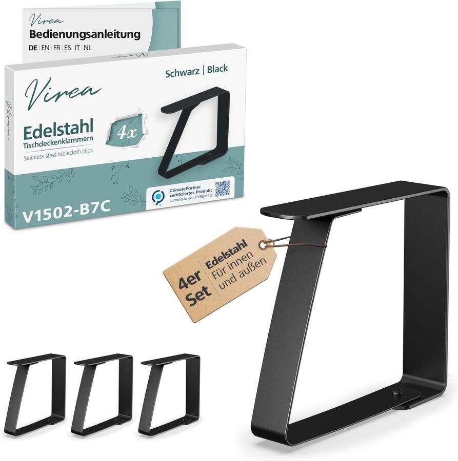 Virea 4 x tafelkleedklemmen zwart voor tafelbladdikte 5 cm Tafelkleedklemmen van roestvrij staal voor binnen- en buitengebruik Gemakkelijk te reinigen tafelkleedklemmen Klemmen met afgeronde randen