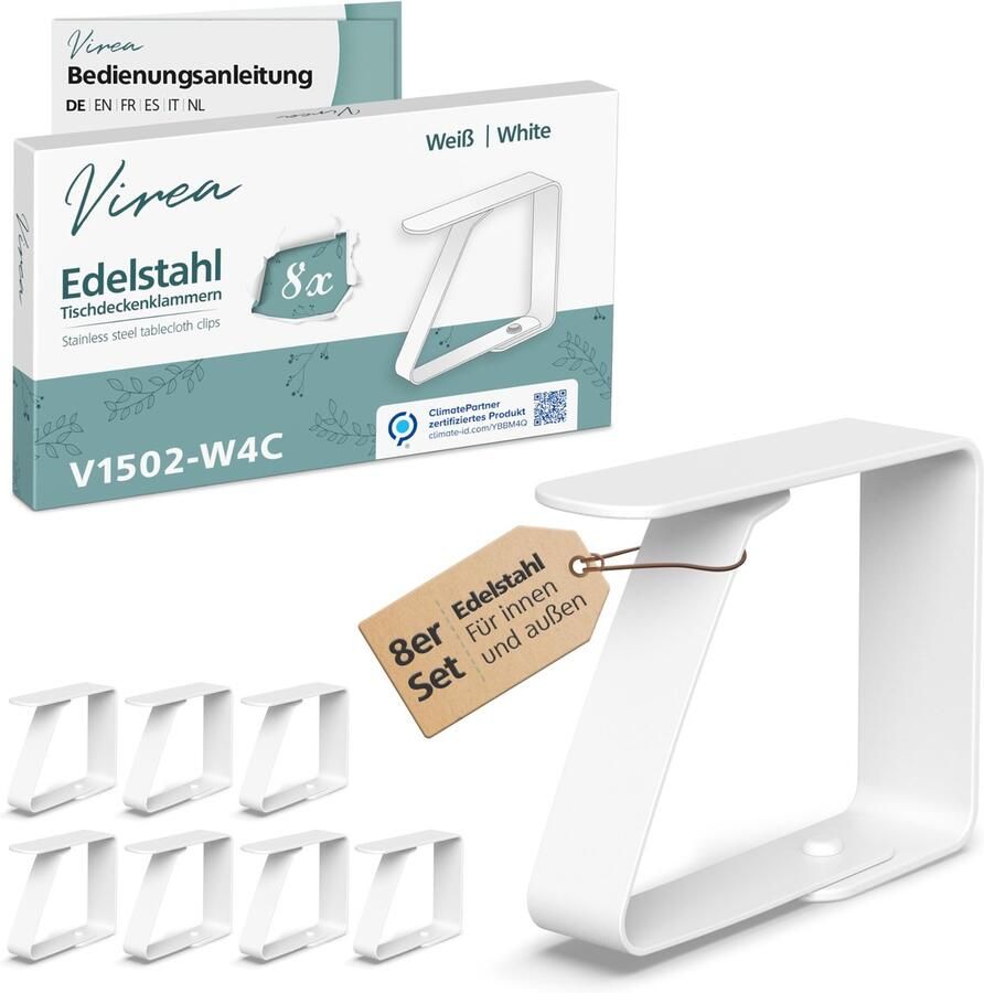 Virea 8 x tafelkleedklemmen wit voor tafelbladdikte 3 cm Tafelkleedklemmen van roestvrij staal voor binnen- en buitengebruik Gemakkelijk te reinigen tafelkleedklemmen Klemmen met afgeronde randen