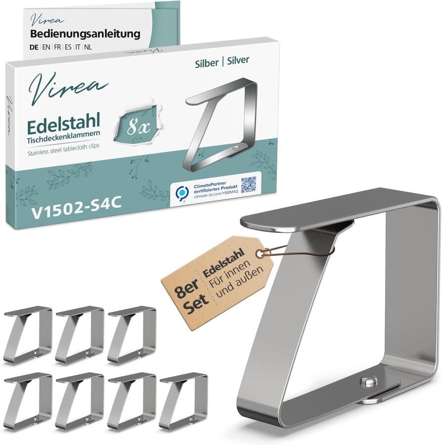 Virea 8 x tafelkleedklemmen zilver voor tafeldikte 3 cm Tafelkleedklemmen van roestvrij staal voor binnen en buiten Gemakkelijk te reinigen tafelkleedklemmen Klemmen met afgeronde randen