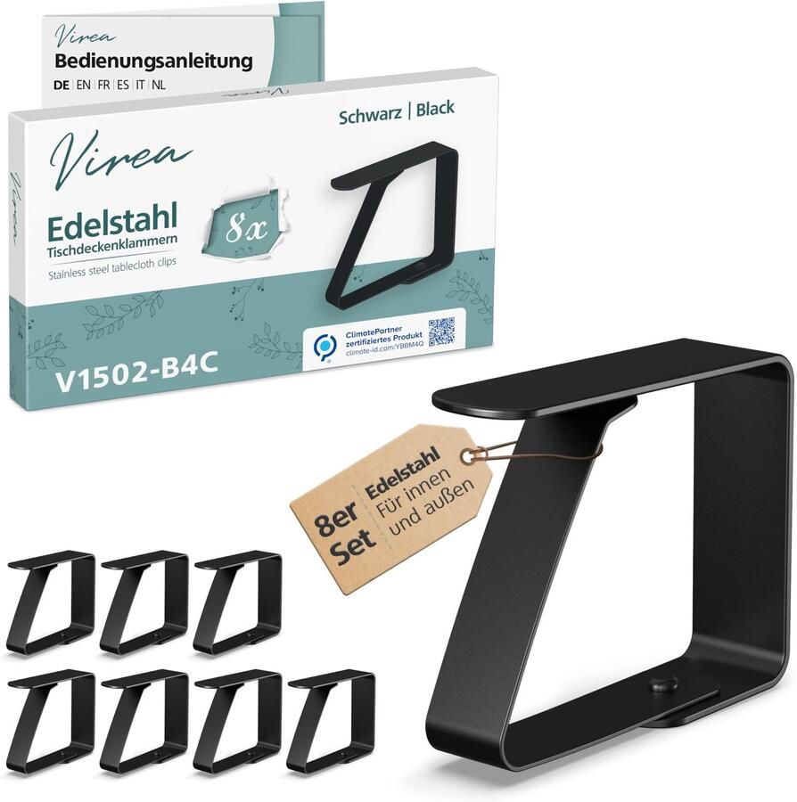 Virea 8 x tafelkleedklemmen zwart voor tafelbladdikte 3 cm Tafelkleedklemmen van roestvrij staal voor binnen- en buitengebruik Gemakkelijk te reinigen tafelkleedklemmen Klemmen met afgeronde randen