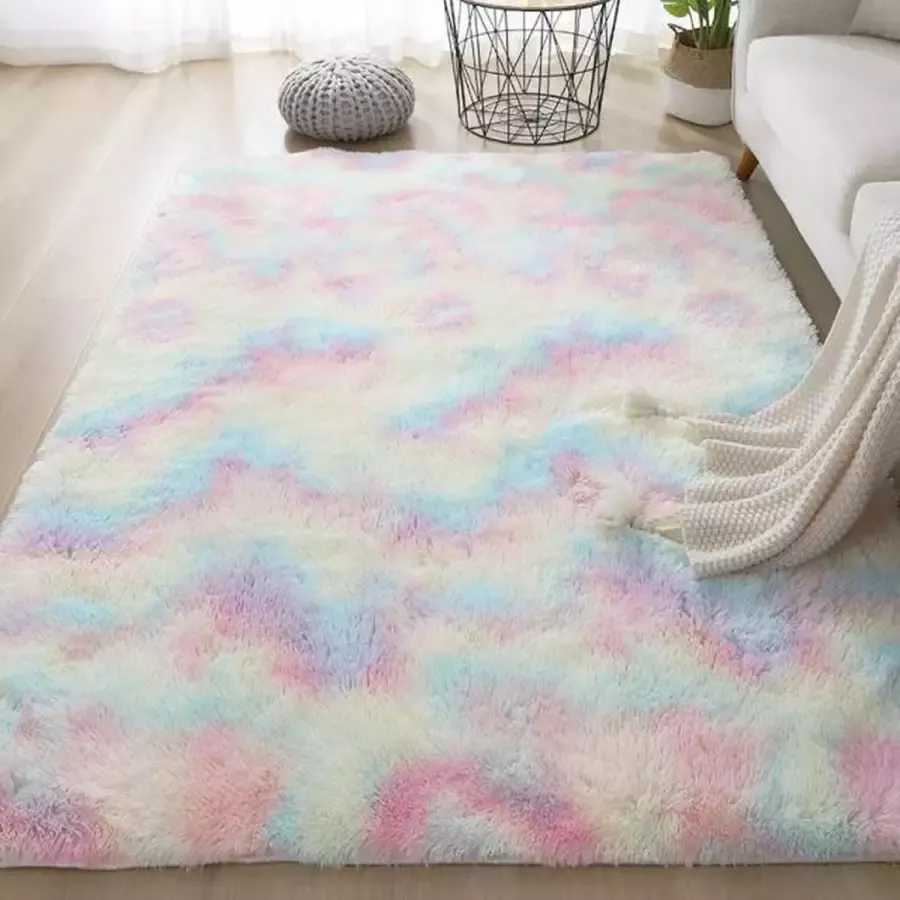 Vitafa Zacht Fluffy Vloerkleed Hoogpolig Tapijt Tapijten Kinderkamer Pluche Wasbaar 160x200cm Regenboog