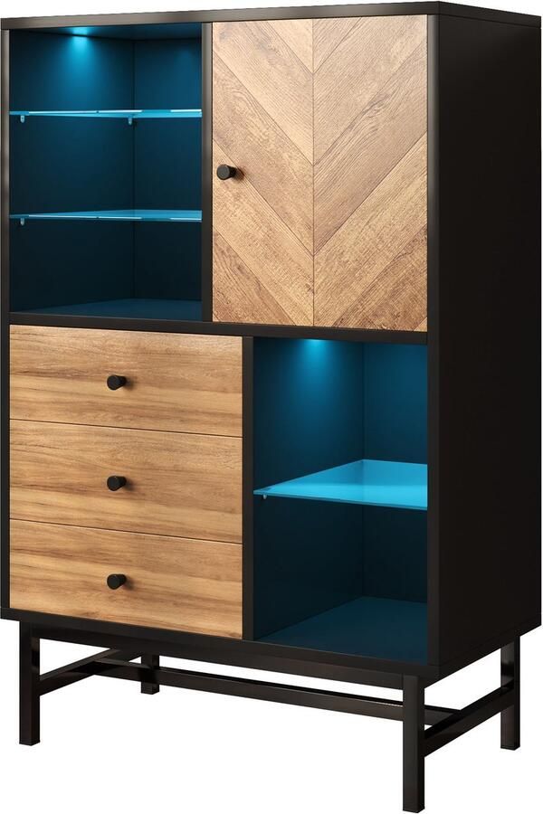 Vitrine kast bij de eettafel opbergkast zijkast met 12-kleurige LED-verlichting open compartimenten met verhard glasplanken 3 laden en een verborgen compartiment 120 5x40x80 cm houtkleur