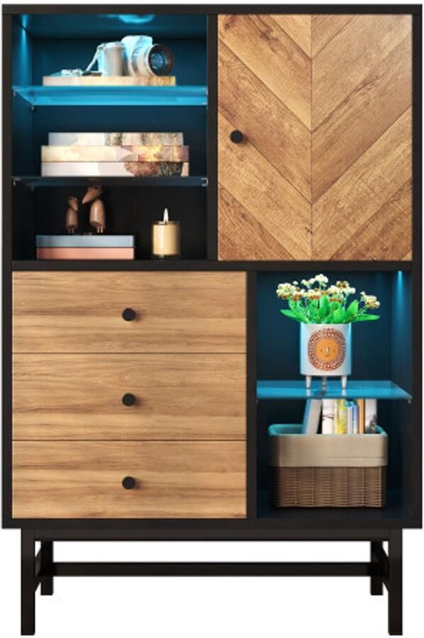 Steven vitrine met 12-kleurig LED-lichtband keukenschrank met laden en glazen bodems driehoekige houtmaseratie