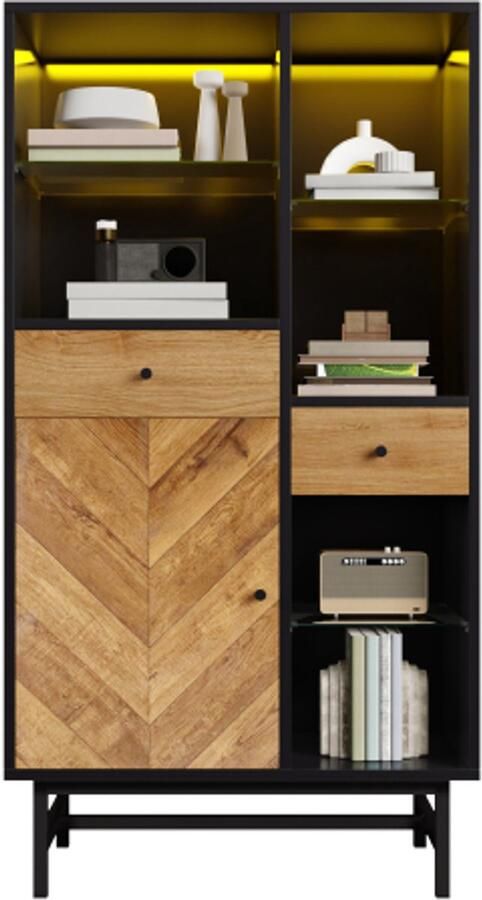 Steven vitrine met 12-kleurig LED-lichtband keukenschrank met laden en glazen bodems driehoekige houtmaseratie