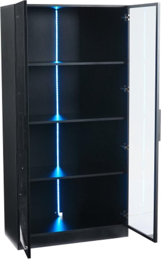 Vitrinekast dubbele deur en verplaatsbare planken 80*40*160cm hoge kast voor woonkamer vrijstaande vitrinekast LED-verlichting badkamerkast Glazen deur zwart