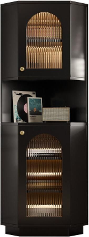 GOTAGEE Vitrinekast hoge kast badkamerkast met lichtlijst badkamermeubel hoekkast met twee opbergvakken open vak met verstelbare planken 45 x 45 x 166 5 cm zwart