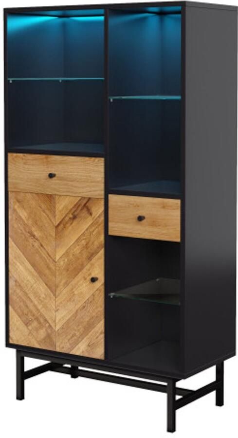 Zonder merk Gotagee Vitrinekast met 12-kleurige LED-lichtstrip keukenkast met laden en glazen planken driehoekige houtnerf