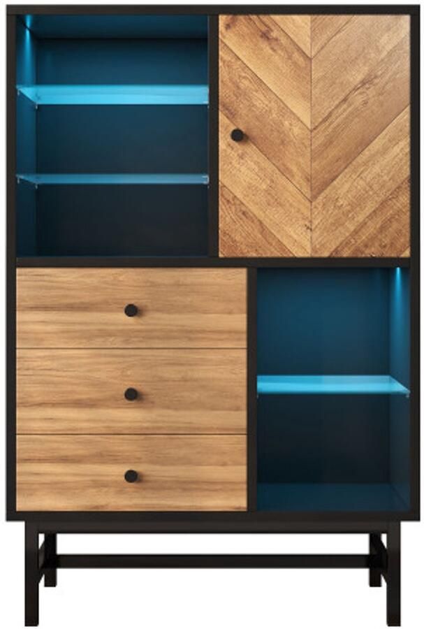 GOTAGEE Vitrinekast met 12-kleurige LED-lichtstrip keukenkast met laden en glazen planken driehoekige houtnerf