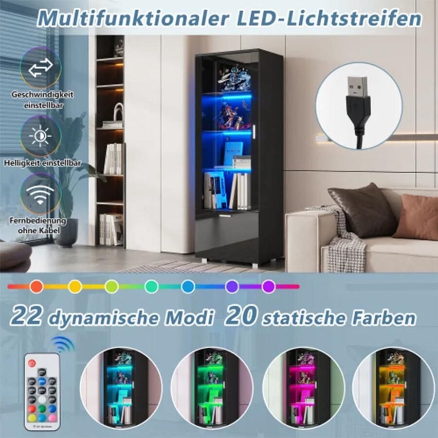 Vitrinekast Met glazen deur Zwart Hoogglans LED Verlichting 3 Planken